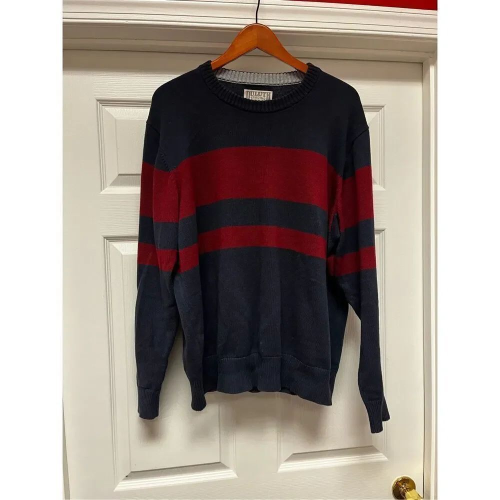 Duluth Trading Co. Navy & Burgundy Stripe Crew Neck Sweater sz XL EUC